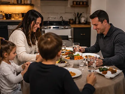 Family connecting and sharing a meal together at home