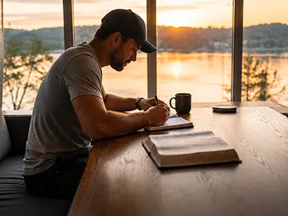 Man journaling during quiet morning reflection by a lake